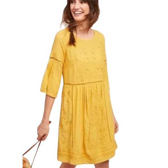 Anthropologie Akemi + Kin Gold Embroidered Boho Floral Lace Dress, Size Medium - Picture 1 of 9